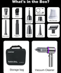 What's in the box: Boss Level 80,000 RPM Vacuum And Air Duster 4 In 1 Handheld Cordless Cleaner with multiple nozzles and storage bag.