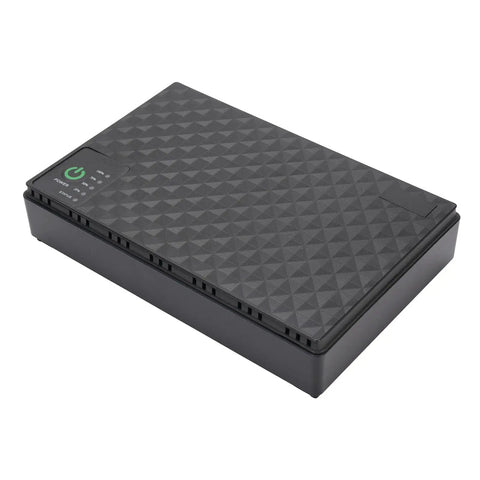 Plug And Play 10400mAh Ups Battery Backup For Routers And Modems, sleek black design with power indicators, compact size.