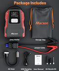 All In One Jump Starter With Air Compressor Portable 12V Battery Pack with accessories including cables and storage bag
