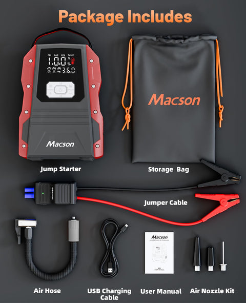 All In One Jump Starter With Air Compressor Portable 12V Battery Pack with accessories including cables and storage bag