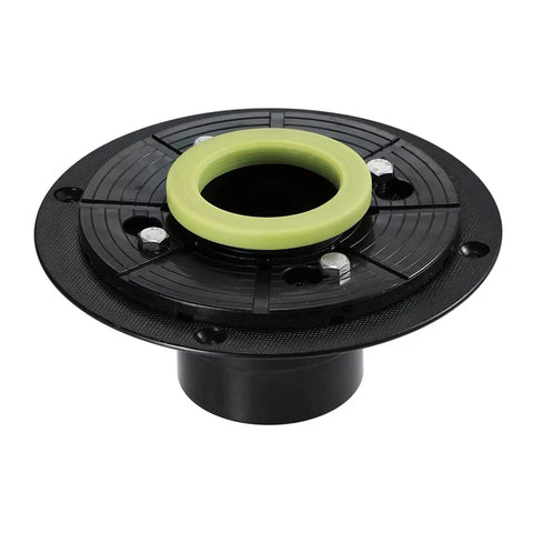 Black ABS base with a green seal and mounting holes for 6 Inch Square Stainless Steel Shower Floor Drain With Removable Grate Anti Clog Hair Catcher Heavy Duty Brushed Finish Bathroom Drain Cover Total No Brainer Upgrade.