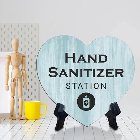 Heart Shape Hand Sanitizer Station Sign With Sturdy Black Easel Stand 6X5 Inch Wood Finish Tabletop Counter Decor For Beauty Salon Retail Shop Or Home Office Keep Your Setup Fresh And Looking Dope Day One, displayed on a table.