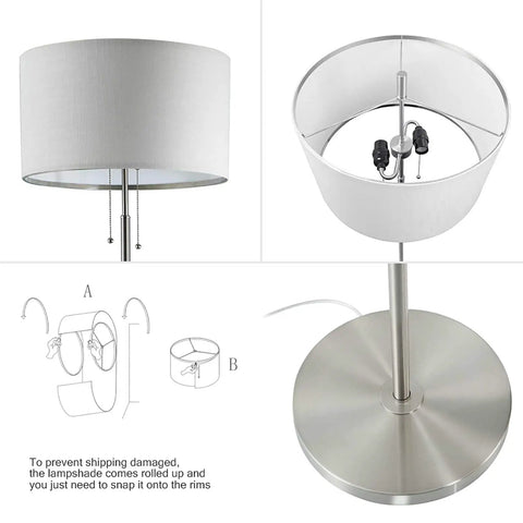 Modern Two Light Floor Lamp With Dual Pull Chains Tall Standing Light In Brushed Nickel Finish And White Lampshade set up steps
