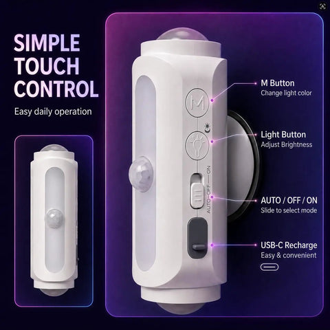 Rechargeable Motion Sensor Wall Lights Peel And Stick Sconces Set Of Two Wireless Magnetic Fixtures showing control buttons and sensors.