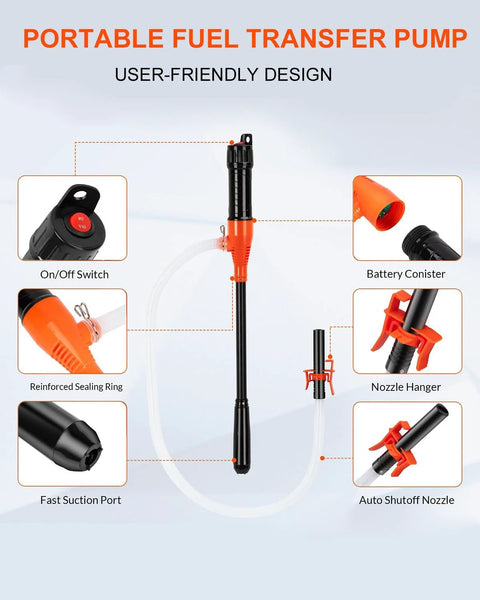 BestCosy portable fuel transfer pump, battery-operated orange/black siphon for gas/diesel with nozzle and grip