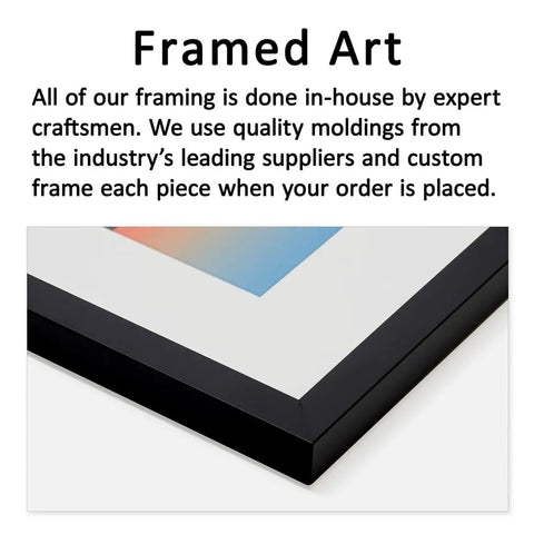 Close-up of framed art showing corner detail with black frame and colorful print