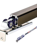 Close-up of Soft Close Pocket Door Hardware With Track Kit For Sliding Barn Doors And Closet Doors Top Mount Guide System Replacement Rollers Set 12ft 3mm Aluminum Rail Smooth Close Quiet Operation Easy Install Durable Aluminum Build.