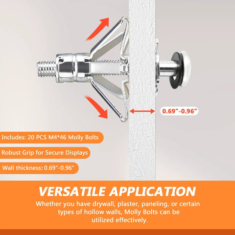 20 Pack M4x46 Molly Bolts Heavy Duty Drywall Anchors In Zinc Plated Steel For Plaster Walls, shown installed in wall