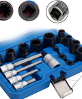 Solid 17 Piece Brake Caliper Socket Set Made From Heavy Chrome Vanadium Steel With Hex Adapters For 1/2 And 3/8 Inch Ratchets Plus Tough Storage Case To Keep Your Garage Tools Nice And Organized. blue case with black brake caliper sockets and hex adapters