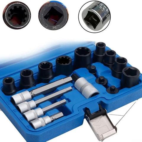 Solid 17 Piece Brake Caliper Socket Set Made From Heavy Chrome Vanadium Steel With Hex Adapters For 1/2 And 3/8 Inch Ratchets Plus Tough Storage Case To Keep Your Garage Tools Nice And Organized. blue case with black brake caliper sockets and hex adapters