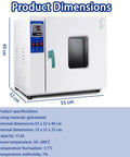 Kickstart Your Projects With This 16 Liter Lab Forced Air Convection Drying Oven Featuring Digital Thermostat And Rock Solid Temp Control Timer For Constant Temperature Blast Drying Curing 110V, showing dimensions and specifications.