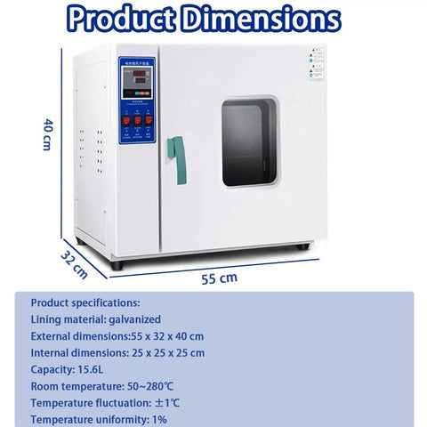 Kickstart Your Projects With This 16 Liter Lab Forced Air Convection Drying Oven Featuring Digital Thermostat And Rock Solid Temp Control Timer For Constant Temperature Blast Drying Curing 110V, showing dimensions and specifications.