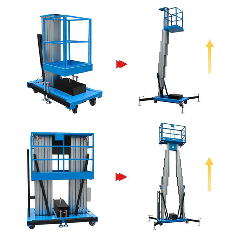 Heavy Duty Electric Scaffolding Platform With Rock Solid Manganese Steel Frame And Smooth Hydraulic Man Lift Extending From 13 To 46 Feet For Warehouse Crews Featuring Detachable Guardrails And Easy Roll Aluminum Base