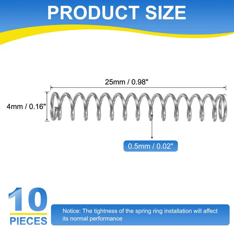 10 Pack Compression Springs 304 Stainless Steel 4mm Outer Diameter 0.5mm Wire 25mm Length Perfect for DIY Home Repairs and Shop Projects Durable Silver Tone Spare Parts