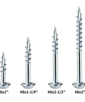 Four sizes of zinc-coated square drive wood screws on display, showcasing the 2 Inch Pocket Hole Screws Heavy Duty Beefy Square Drive Washer Head Exterior Wood Screws Carbon Steel Zinc Coated 100 Pack Square Bit SQ2 For Strong Joints In Decks Outdoor Furniture Fencing And DIY Projects.