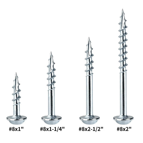 Four sizes of zinc-coated square drive wood screws on display, showcasing the 2 Inch Pocket Hole Screws Heavy Duty Beefy Square Drive Washer Head Exterior Wood Screws Carbon Steel Zinc Coated 100 Pack Square Bit SQ2 For Strong Joints In Decks Outdoor Furniture Fencing And DIY Projects.