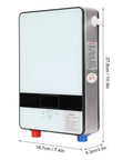 Rock Solid Wall Mounted Tankless Electric Water Heater Packs 4500W Instant Hot Water with dimensions and controls visible.