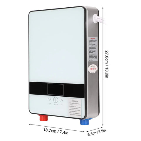 Rock Solid Wall Mounted Tankless Electric Water Heater Packs 4500W Instant Hot Water with dimensions and controls visible.