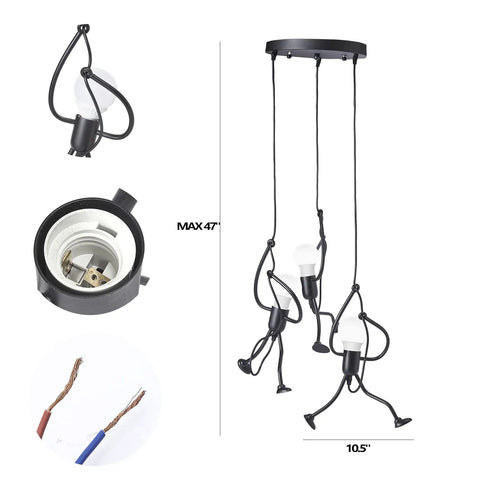 Swinging Man Pendant Light Fixture With Three Black Industrial Arms A Statement 3 Light Chandelier, 47 Inch Stick Figure Design