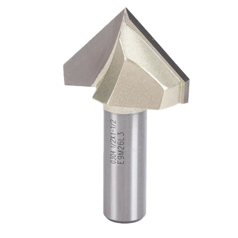 Top Tier Senecesli 90 Degree V Groove Router Bit With One Half Inch Shank And One Point Five Inch Cutting Diameter on a silver metal background.