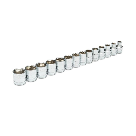 Fourteen Piece Three Eighths Inch Drive Six Point Socket Set Metric Pro Grade Chrome Plated Alloy Steel arranged in a line.