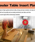 Built Tough Aluminum Router Base Plate With Four Fast Swap Inserts And Precision Bushing For Smooth Wood Routing Carving And Tight Trim Job Guaranteed To Last on a workbench.