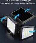 Adjustable Solar Flood Lights With Motion Sensor, 210 LED 2500LM, 3 heads showing rotation, black casing, close-up view