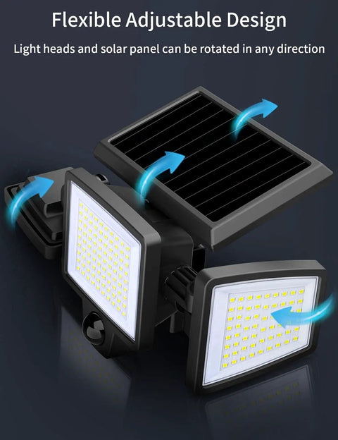 Adjustable Solar Flood Lights With Motion Sensor, 210 LED 2500LM, 3 heads showing rotation, black casing, close-up view
