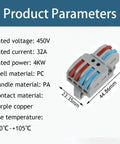 Product parameters of 10 Pack 2 In 4 Out Push Lever Wire Connectors Din Rail Mount with specs and dimensions shown.