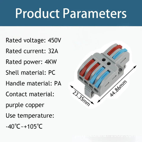 Product parameters of 10 Pack 2 In 4 Out Push Lever Wire Connectors Din Rail Mount with specs and dimensions shown.