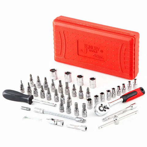 46 Piece One Quarter Inch Drive Socket Ratchet Set For Auto And Home Repair, A Must-Have Metric Kit with sockets, bits, and red case
