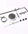 Wall Mounted Thermostatic Shower System Combo Set With 12 Inch Rainfall Head And Handheld Sprayer Temperature Stabilizing Bathroom Faucet Gray Brass Finish showing parts including 12 inch head.