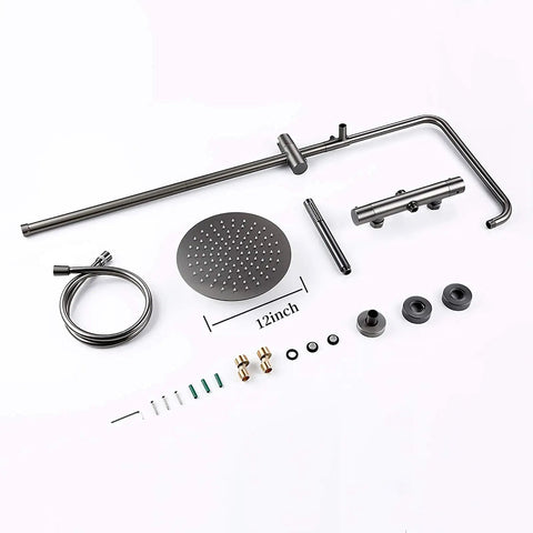 Wall Mounted Thermostatic Shower System Combo Set With 12 Inch Rainfall Head And Handheld Sprayer Temperature Stabilizing Bathroom Faucet Gray Brass Finish showing parts including 12 inch head.