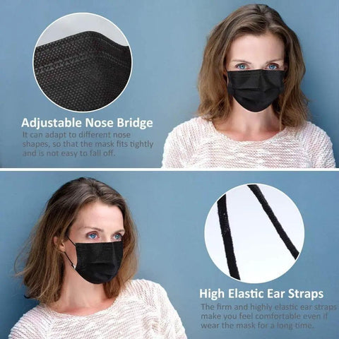 Woman wearing Black 3 Ply Disposable Face Mask Pack Of 100 For Men And Women Non Woven Breathable Everyday Use Indoor Outdoor Travel Office.