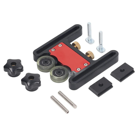Premium Roller Table Saw Feeder For Woodworking Bench With Anodized Aluminum Base And Flexible Polyurethane Wheels components and installation parts.