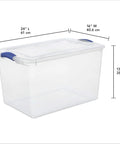 Heavy Duty SixtySix Quart Clear Plastic Storage Bins Two Pack With Blue Latch Lids, 24x16x13.8 inches, ideal for bulky sports gear.