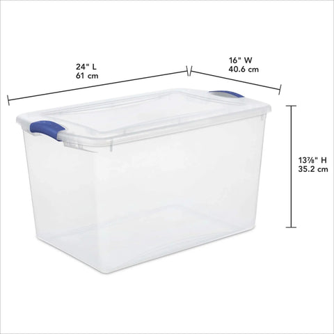 Heavy Duty SixtySix Quart Clear Plastic Storage Bins Two Pack With Blue Latch Lids, 24x16x13.8 inches, ideal for bulky sports gear.