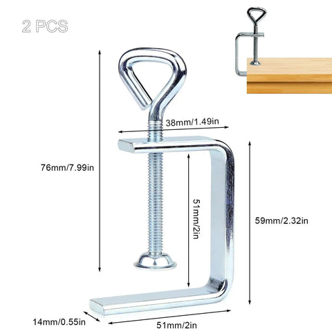 Two Pack Heavy Duty Woodworking C Clamps With Wide Jaw 2 Inch Capacity For Edge And Desk Bench Dog Holes Stainless Steel Welding Grade Clamps Ideal For Welding Projects Edge Banding And No-Fuss Workholding On Any Table Or Workbench With Steel Construction. 2 pcs C clamp, 51mm jaw, carbon steel, side view with dimensions.