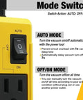 Close-up of automatic vacuum switch with auto mode and off/on mode, yellow casing, and power settings for tools and table saws.