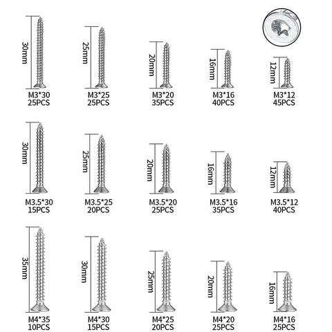 Assorted sizes of 400 Pcs M3 M3.5 M4 Torx Head Self Tapping Wood Screws Pro Grade Assortment Kit in stainless steel.