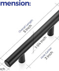 Image showing dimensions of a matte black cabinet pull with 5-inch length and 3-inch center-to-center hole spacing for installation.