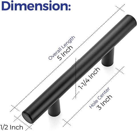 Image showing dimensions of a matte black cabinet pull with 5-inch length and 3-inch center-to-center hole spacing for installation.