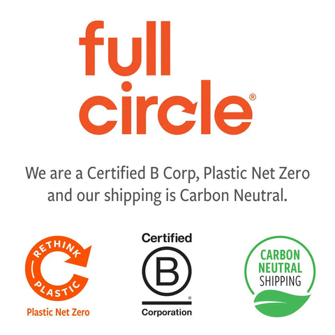 Full Circle certified B Corp, Plastic Net Zero, Carbon Neutral Shipping logos with text