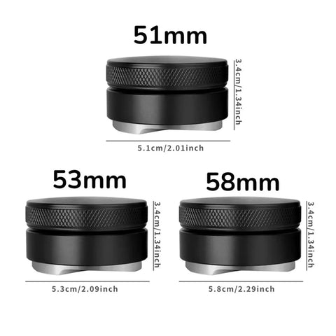 Top Shelf Espresso Distribution Tool With Adjustable Palm Tamper Fits 58mm Portafilter sizes 51mm, 53mm, and 58mm shown together.