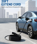 Heavy Duty J1772 Extension Cable 21 Feet Long EV Charger Cord connected to electric vehicle in a parking lot