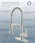 All In One Kitchen Faucet With Soap Dispenser And Pull Down Sprayer Dual Function Spray Head With Deck Plate Nickel Brushed Finish Great For RV Sinks And Home Kitchens Easy Install And Lasting Style, shown against technical background.