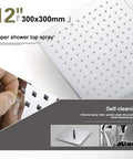 Top Shelf Wall Mounted Square Shower Head Pumping Out Serious High Pressure Power With Three Killer Spray Settings Crafted From Pure Lead Free Brass And Coated In A Scratch Resistant Silver Shell For A Straight Up Great Refresh, 12 inch size with self-cleaning silicone holes.