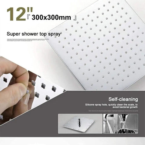 Top Shelf Wall Mounted Square Shower Head Pumping Out Serious High Pressure Power With Three Killer Spray Settings Crafted From Pure Lead Free Brass And Coated In A Scratch Resistant Silver Shell For A Straight Up Great Refresh, 12 inch size with self-cleaning silicone holes.