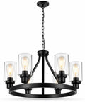 Six Light Farmhouse Wagon Wheel Chandelier for Dining Room and Kitchen Island Pendant Lights in Modern Black Industrial Rustic Metal