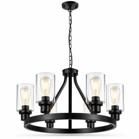 Six Light Farmhouse Wagon Wheel Chandelier for Dining Room and Kitchen Island Pendant Lights in Modern Black Industrial Rustic Metal